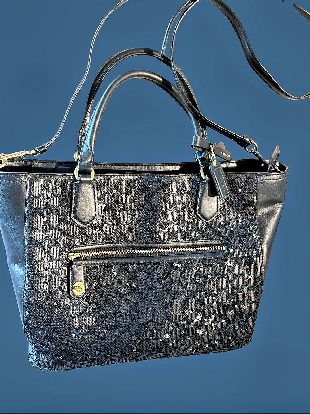 Coach Poppy Sequin Signature C Small Blaire Tote Black & Purple